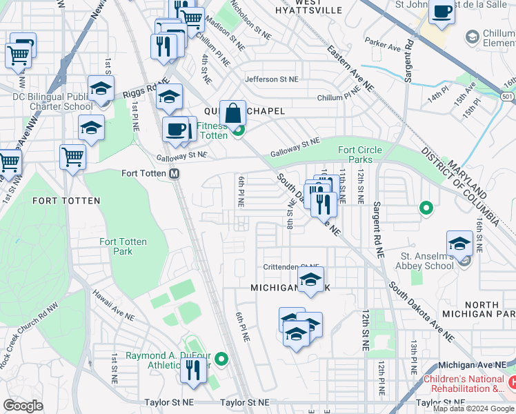 map of restaurants, bars, coffee shops, grocery stores, and more near 632 Emerson Street Northeast in Washington