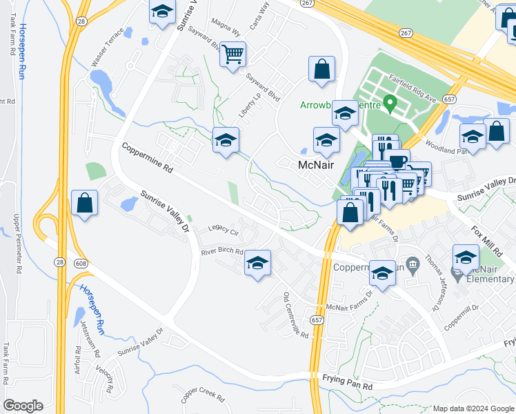 map of restaurants, bars, coffee shops, grocery stores, and more near 13648 Venturi Lane in Herndon