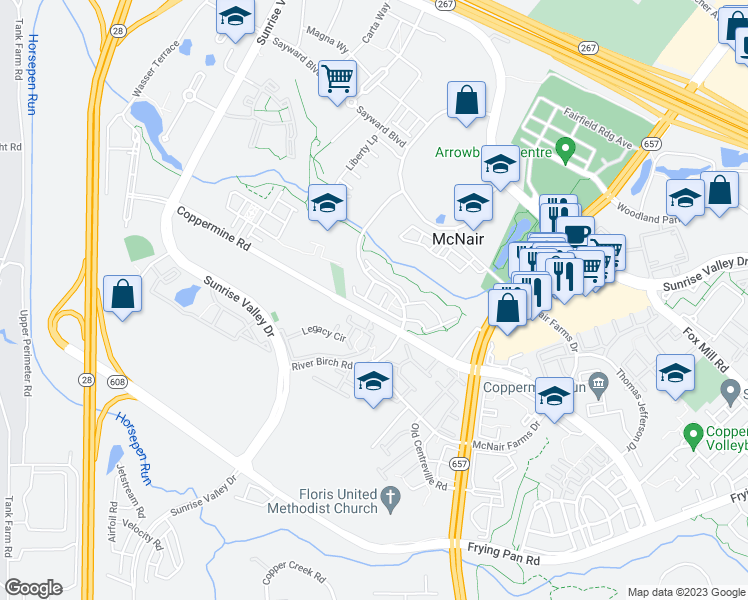map of restaurants, bars, coffee shops, grocery stores, and more near 13670 Venturi Lane in Herndon