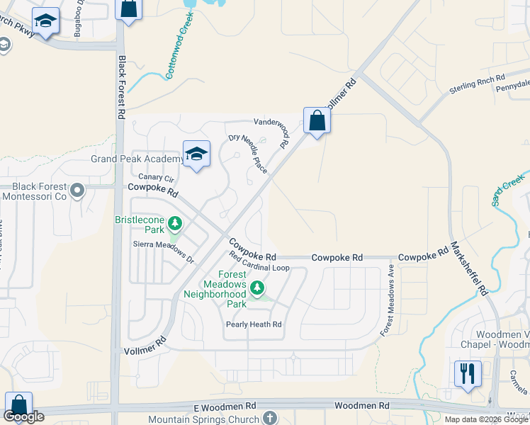 map of restaurants, bars, coffee shops, grocery stores, and more near 8282 Potentilla Grove in Colorado Springs