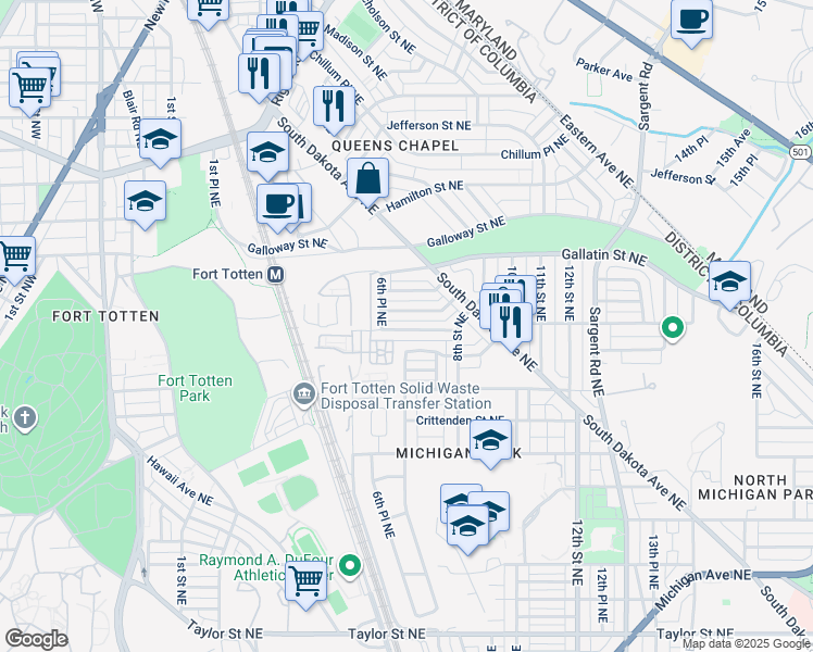 map of restaurants, bars, coffee shops, grocery stores, and more near 632 Emerson Street Northeast in Washington