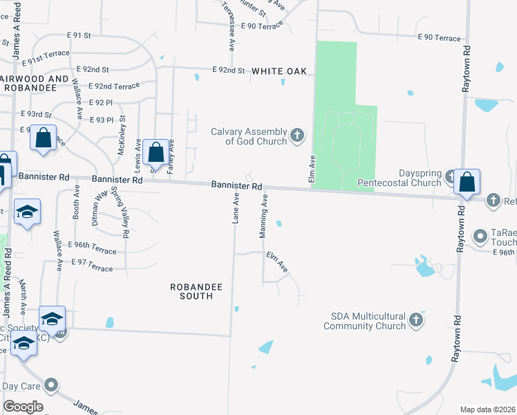map of restaurants, bars, coffee shops, grocery stores, and more near 9516 Manning Avenue in Kansas City