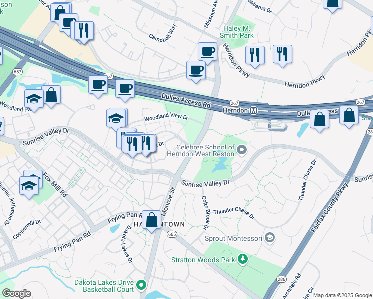 map of restaurants, bars, coffee shops, grocery stores, and more near 12941 Centre Park Circle in Herndon