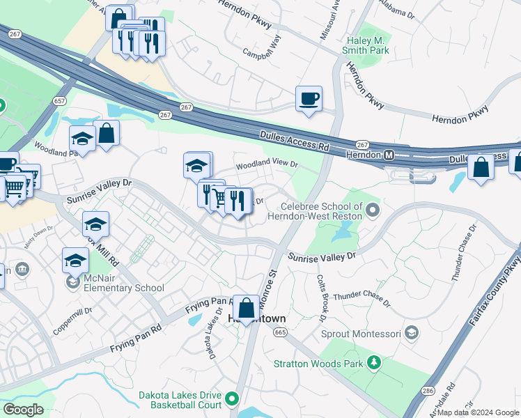 map of restaurants, bars, coffee shops, grocery stores, and more near 12954 Centre Park Circle in Herndon