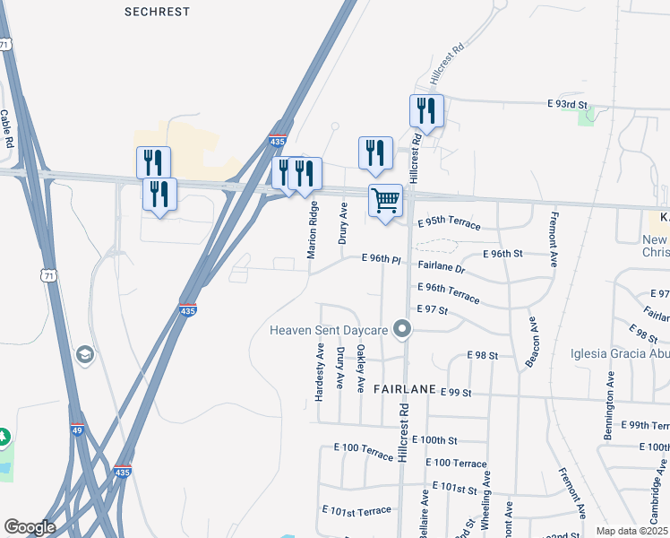 map of restaurants, bars, coffee shops, grocery stores, and more near 5417 East 96th Place in Kansas City