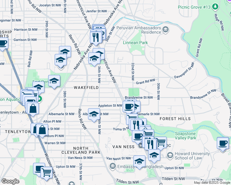 map of restaurants, bars, coffee shops, grocery stores, and more near 4600 Connecticut Avenue Northwest in Washington