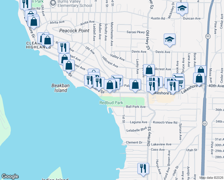 map of restaurants, bars, coffee shops, grocery stores, and more near 14728 Emory Avenue in Clearlake
