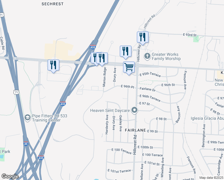 map of restaurants, bars, coffee shops, grocery stores, and more near 5408 East 96th Place in Kansas City