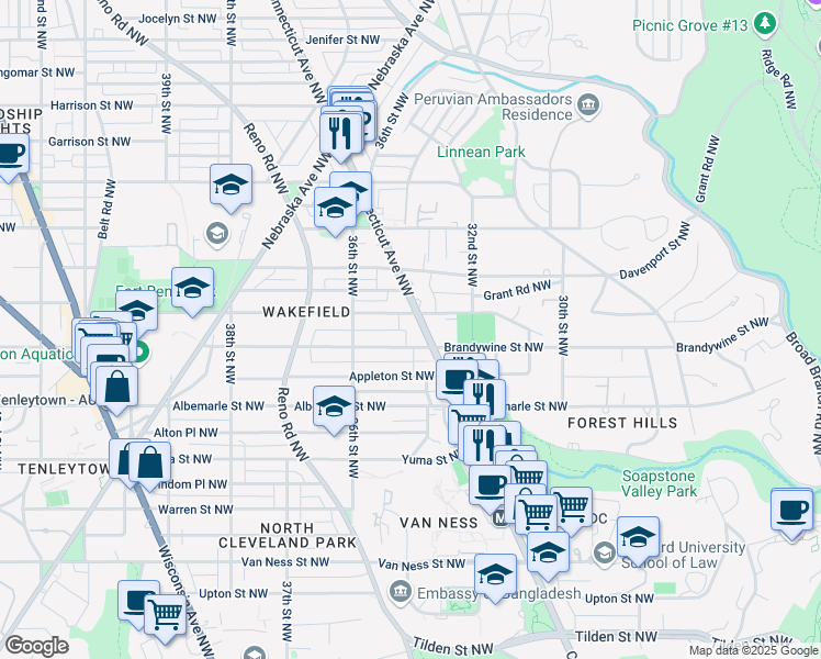 map of restaurants, bars, coffee shops, grocery stores, and more near 4600 Connecticut Avenue Northwest in Washington