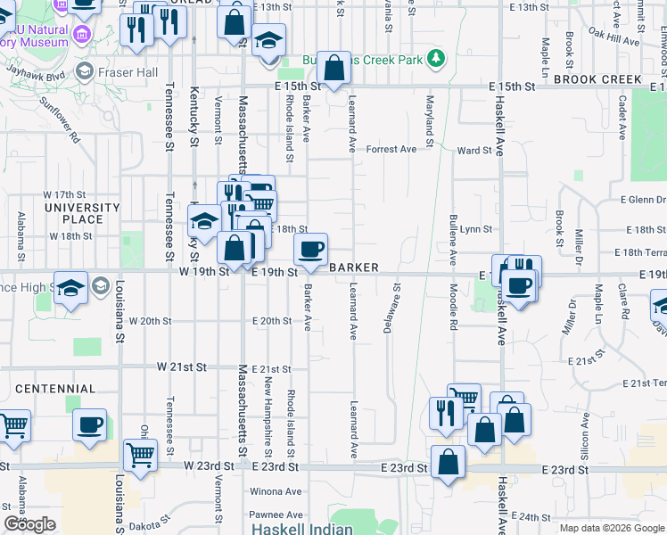 map of restaurants, bars, coffee shops, grocery stores, and more near 313 Johnson Avenue in Lawrence