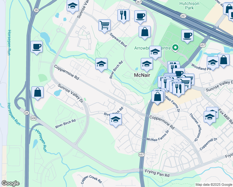 map of restaurants, bars, coffee shops, grocery stores, and more near 13658 Venturi Lane in Herndon