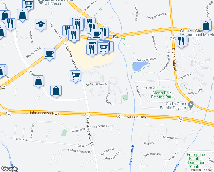 map of restaurants, bars, coffee shops, grocery stores, and more near 4420 Lavender Lane in Bowie