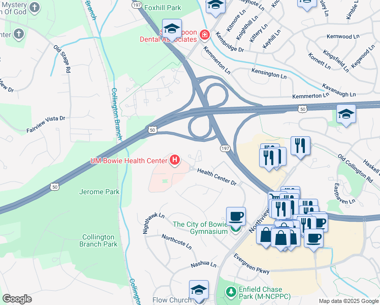 map of restaurants, bars, coffee shops, grocery stores, and more near 14997 Health Center Drive in Bowie