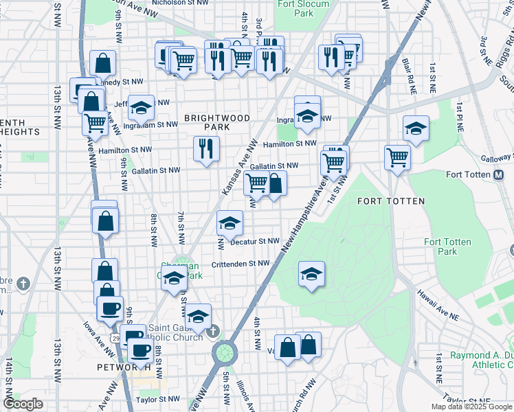 map of restaurants, bars, coffee shops, grocery stores, and more near 4905 4th Street Northwest in Washington
