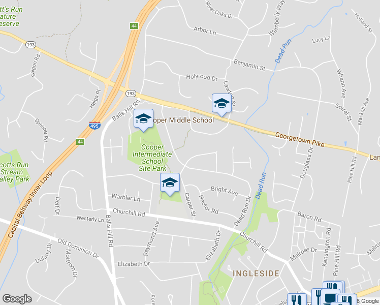 map of restaurants, bars, coffee shops, grocery stores, and more near 1052 Carper Street in McLean
