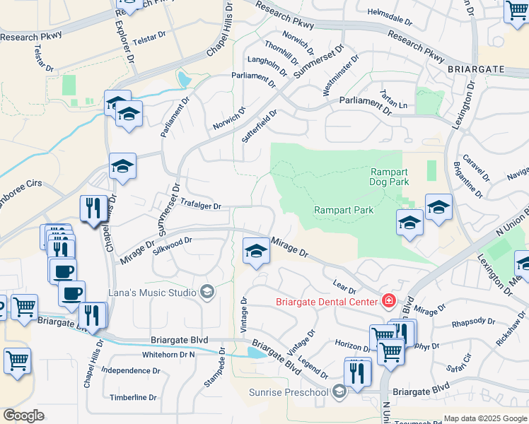 map of restaurants, bars, coffee shops, grocery stores, and more near 8170 Trafalger Dr in Colorado Springs
