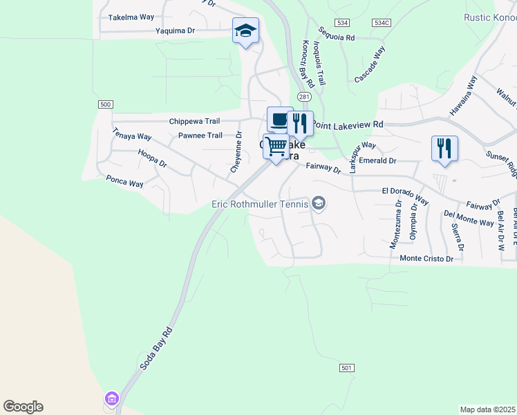 map of restaurants, bars, coffee shops, grocery stores, and more near 9571 Tenaya Way in Kelseyville