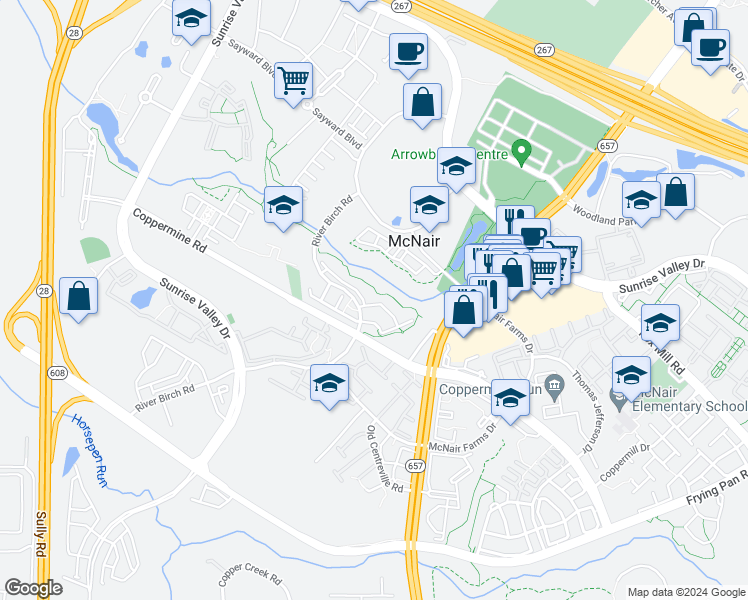 map of restaurants, bars, coffee shops, grocery stores, and more near 13564 Davinci Lane in Herndon