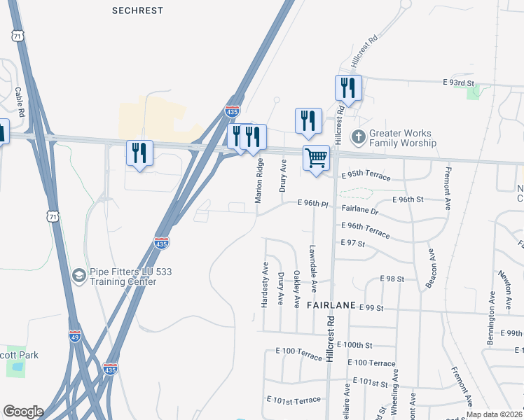 map of restaurants, bars, coffee shops, grocery stores, and more near 5404 East 96th Place in Kansas City