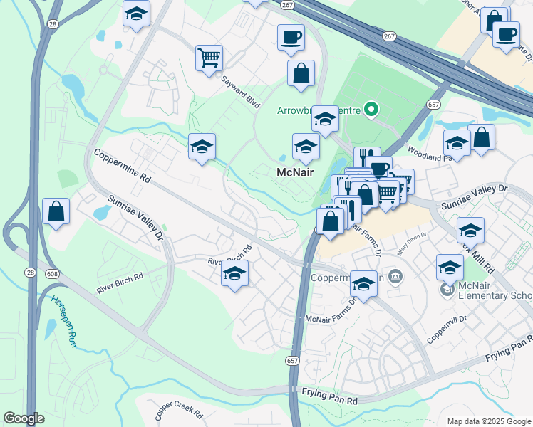 map of restaurants, bars, coffee shops, grocery stores, and more near 13550 Davinci Lane in Herndon