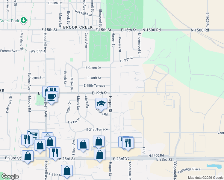 map of restaurants, bars, coffee shops, grocery stores, and more near 1830 Harper Street in Lawrence