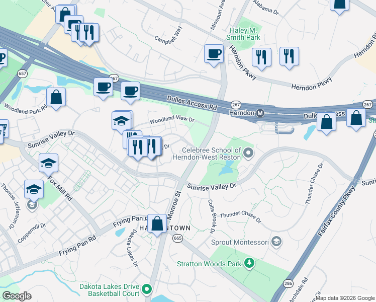 map of restaurants, bars, coffee shops, grocery stores, and more near 12945 Centre Park Circle in Herndon