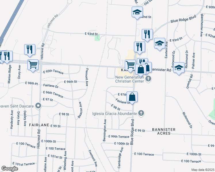 map of restaurants, bars, coffee shops, grocery stores, and more near 6604 East 96th Terrace in Kansas City