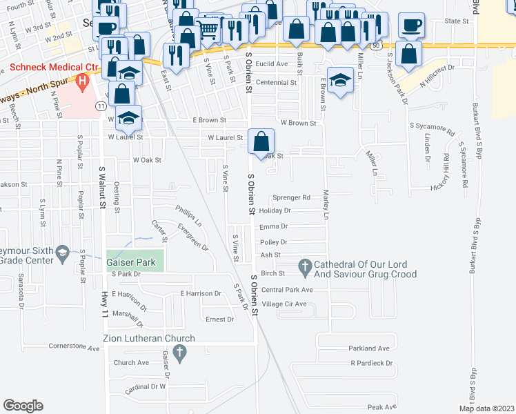 map of restaurants, bars, coffee shops, grocery stores, and more near 601 Holiday Drive in Seymour
