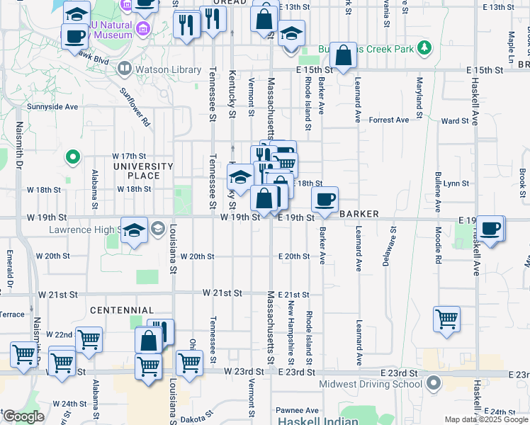 map of restaurants, bars, coffee shops, grocery stores, and more near 1836 Vermont Street in Lawrence