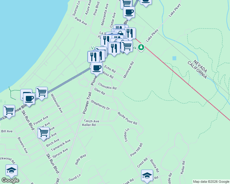 map of restaurants, bars, coffee shops, grocery stores, and more near 1074 Chonokis Road in South Lake Tahoe