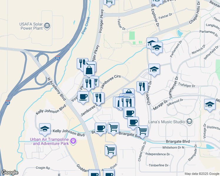 map of restaurants, bars, coffee shops, grocery stores, and more near 1530 Jamboree Drive in Colorado Springs