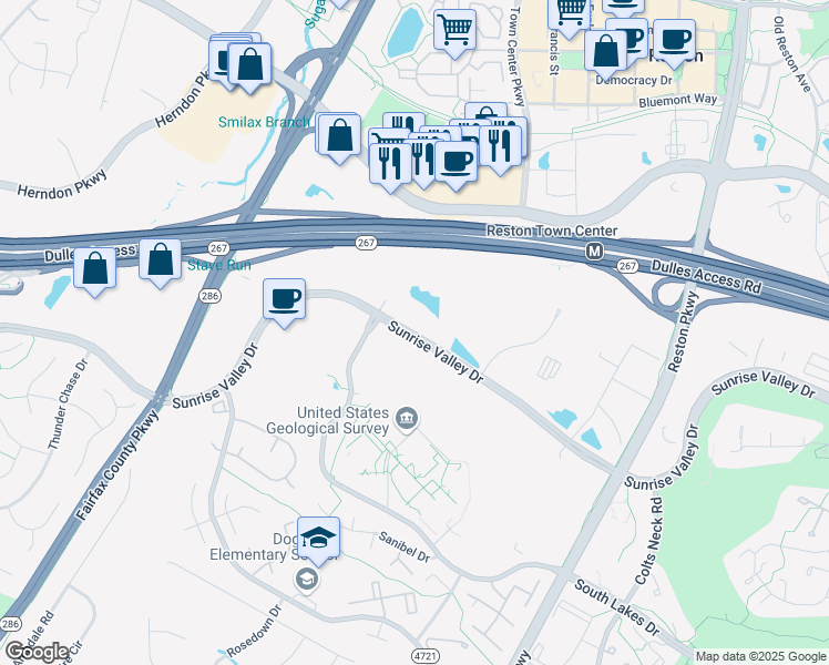 map of restaurants, bars, coffee shops, grocery stores, and more near 12220 Sunrise Valley Drive in Reston