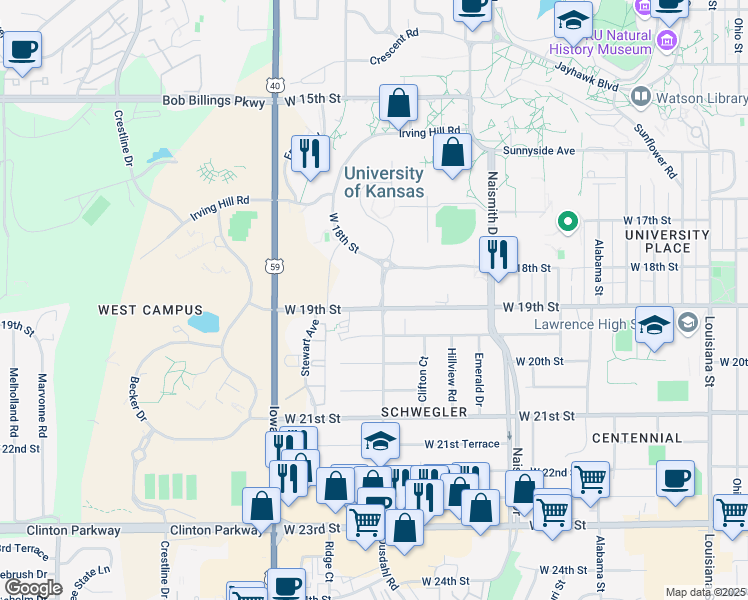 map of restaurants, bars, coffee shops, grocery stores, and more near 1621 Ousdahl Road in Lawrence