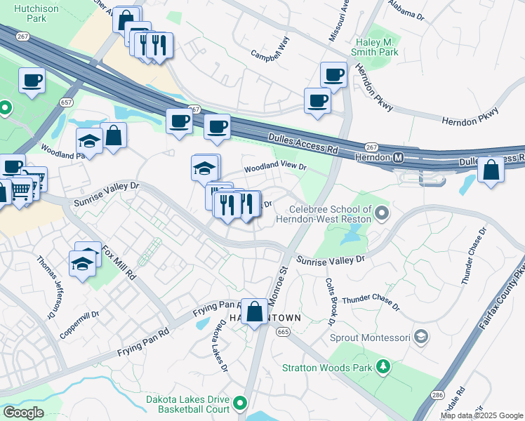 map of restaurants, bars, coffee shops, grocery stores, and more near 12958 Centre Park Circle in Herndon