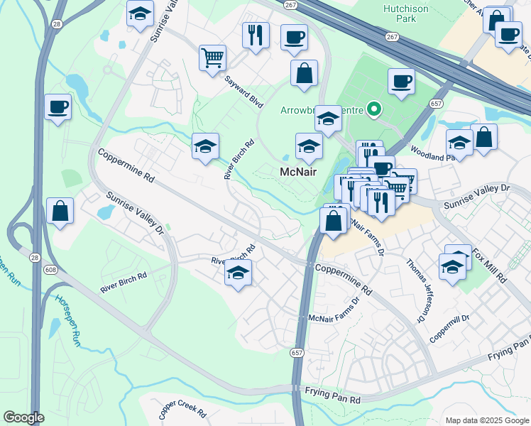 map of restaurants, bars, coffee shops, grocery stores, and more near 13576 Davinci Lane in Herndon
