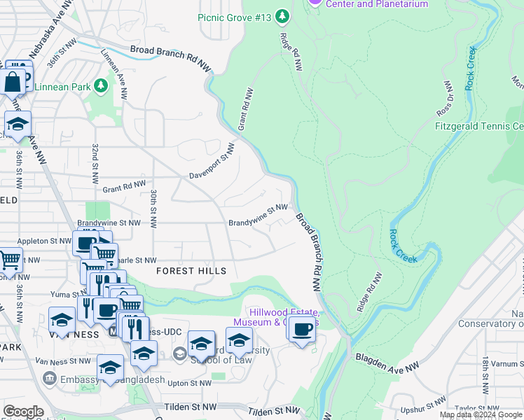 map of restaurants, bars, coffee shops, grocery stores, and more near 2745 Brandywine Street Northwest in Washington