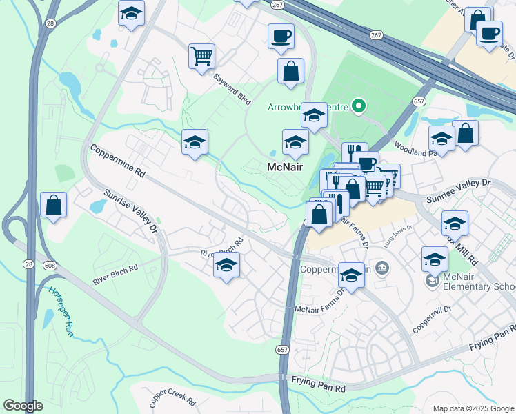 map of restaurants, bars, coffee shops, grocery stores, and more near 13558 Davinci Lane in Herndon