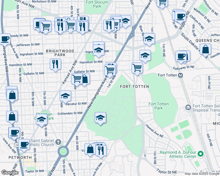 map of restaurants, bars, coffee shops, grocery stores, and more near 4925 1st Street Northwest in Washington