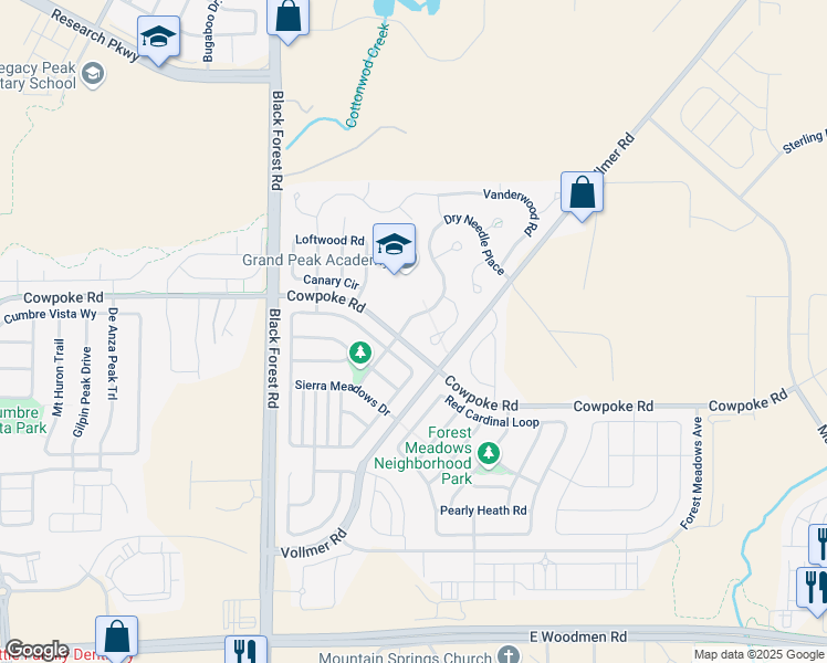 map of restaurants, bars, coffee shops, grocery stores, and more near 8421 Dry Needle Place in Colorado Springs