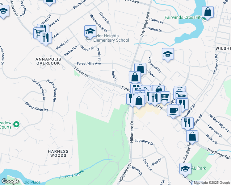 map of restaurants, bars, coffee shops, grocery stores, and more near 133 Quiet Waters Place in Annapolis