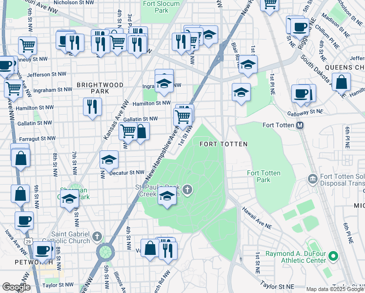 map of restaurants, bars, coffee shops, grocery stores, and more near 4925 1st Street Northwest in Washington