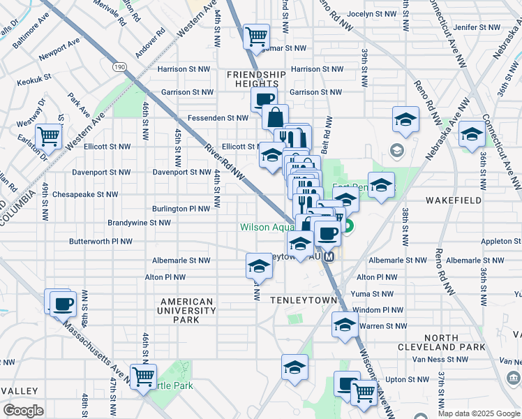 map of restaurants, bars, coffee shops, grocery stores, and more near 4617 43rd Street Northwest in Washington
