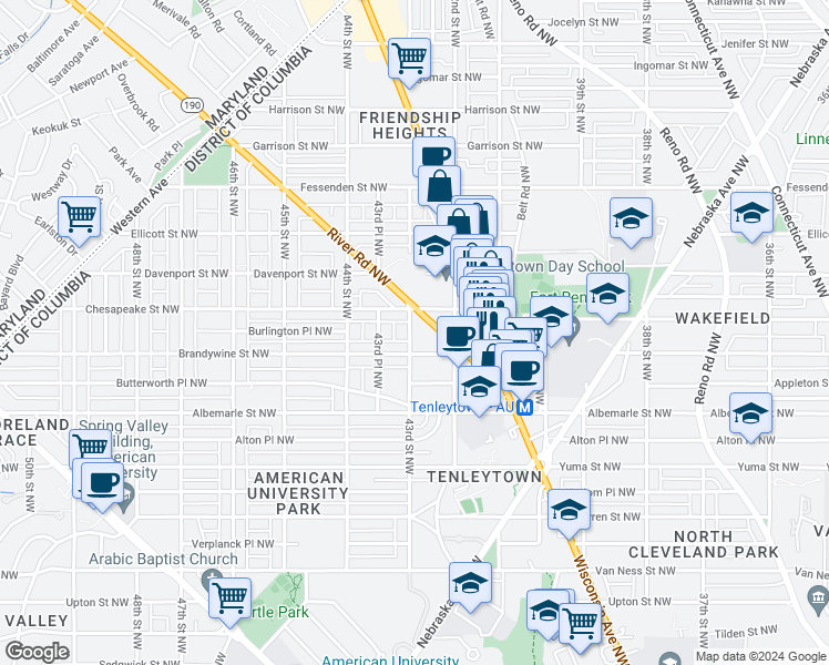 map of restaurants, bars, coffee shops, grocery stores, and more near 4617 43rd Street Northwest in Washington