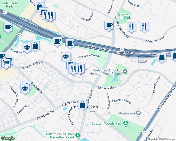 map of restaurants, bars, coffee shops, grocery stores, and more near 12956 Centre Park Circle in Herndon