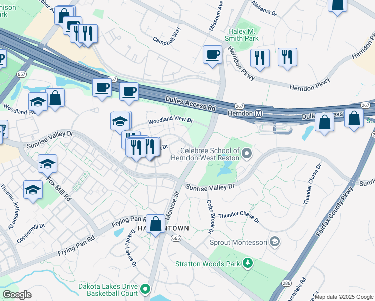 map of restaurants, bars, coffee shops, grocery stores, and more near 12945 Centre Park Circle in Herndon
