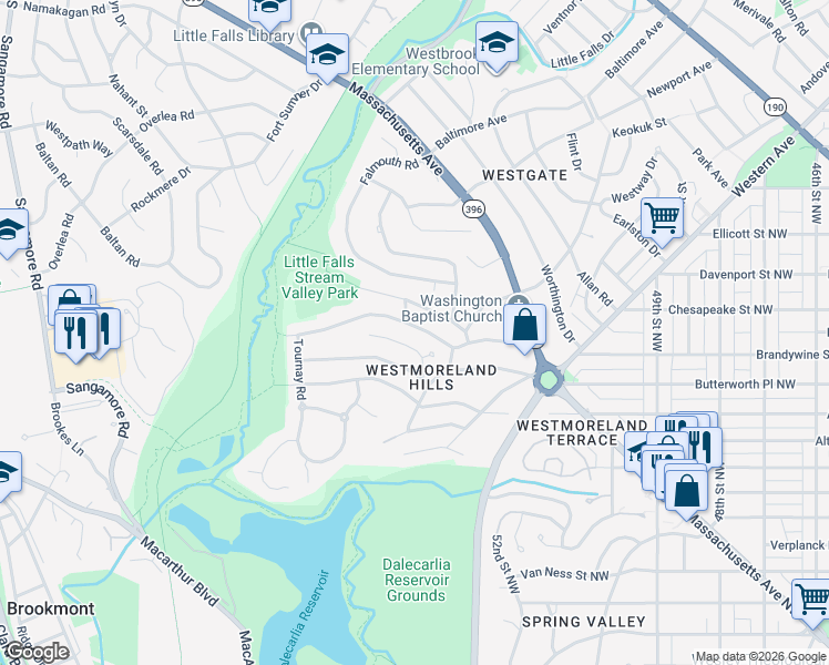 map of restaurants, bars, coffee shops, grocery stores, and more near 5236 Duvall Drive in Bethesda