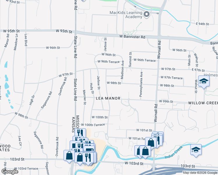 map of restaurants, bars, coffee shops, grocery stores, and more near 9805 Belleview Avenue in Kansas City