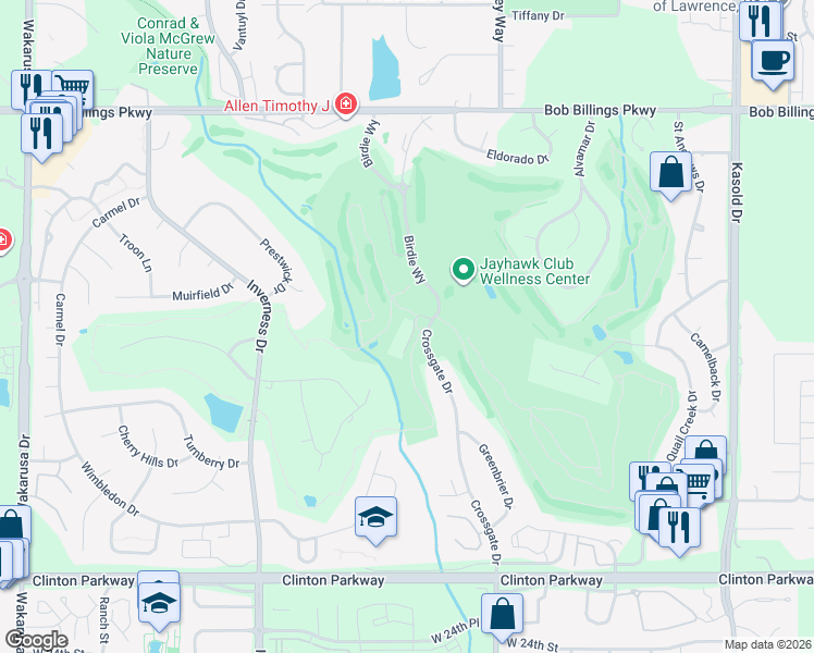 map of restaurants, bars, coffee shops, grocery stores, and more near 1901 Quail Run in Lawrence