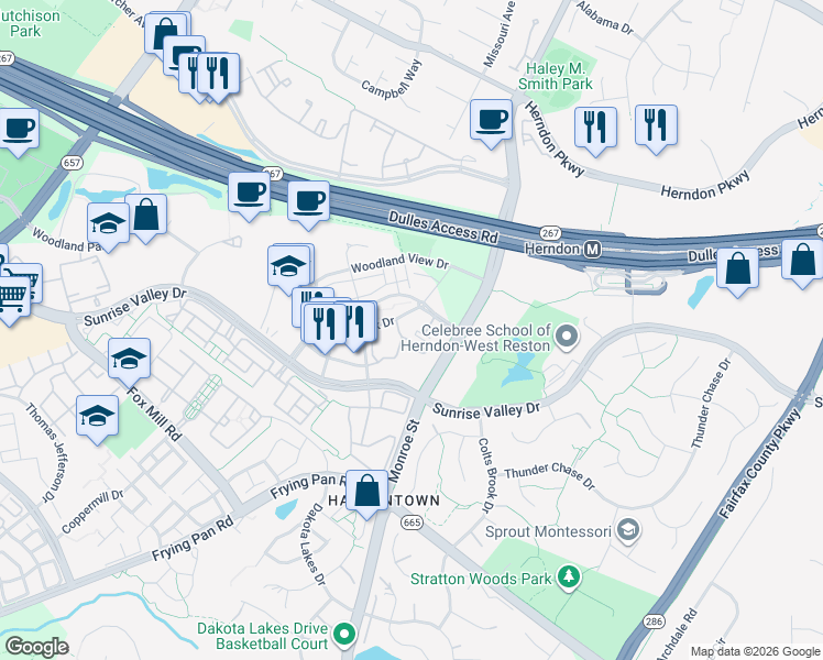 map of restaurants, bars, coffee shops, grocery stores, and more near 12957 Centre Park Circle in Herndon