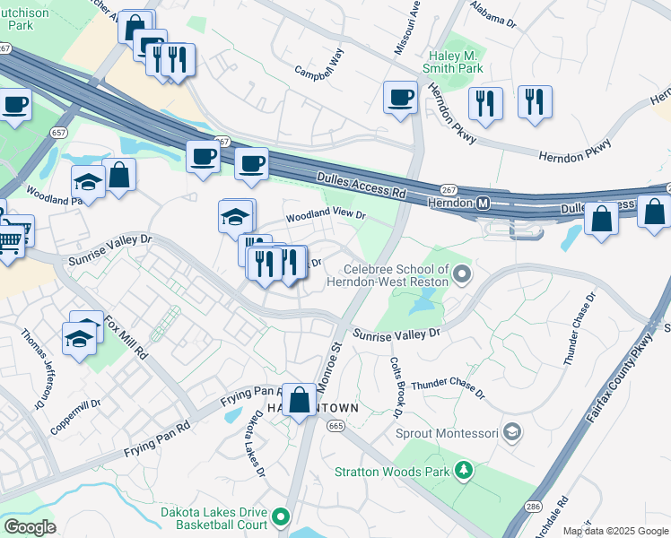 map of restaurants, bars, coffee shops, grocery stores, and more near 12957 Centre Park Circle in Herndon